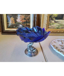 COUPE VERRE BLEU SOCLE POISSON EN ETAIN 