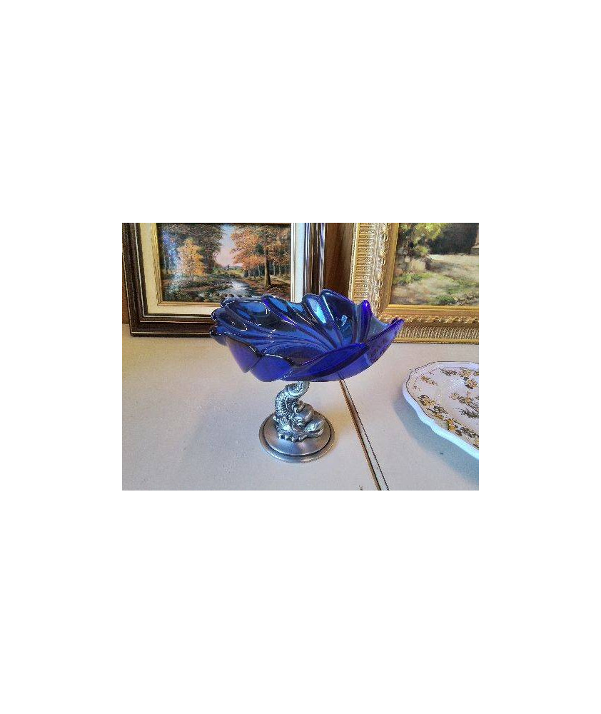 COUPE VERRE BLEU SOCLE POISSON EN ETAIN 