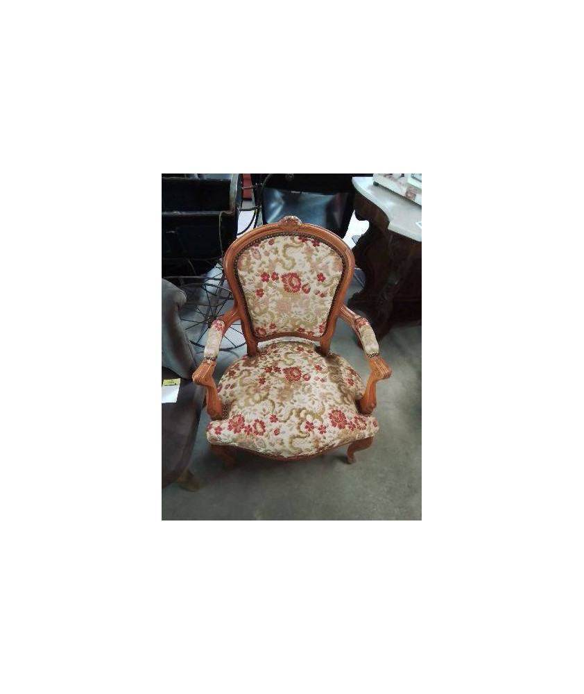CABRIOLET STYLE RÉGENCE BOIS CLAIR TISSU DAMASE BEIGE AUX FLEURS ROUGE