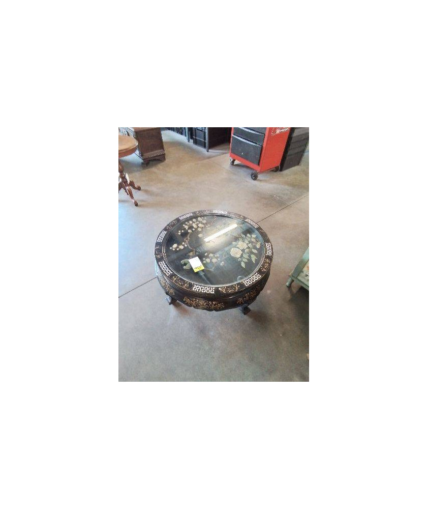 TABLE BASSE RONDE ASIATIQUE AUX FLEURS A INCRUSTATION