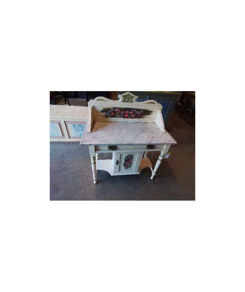 COIFFEUSE BOIS PEINT AUX FLEURS 1 PORTE PLATEAU MARBRE