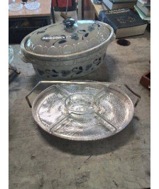 CENTRE DE TABLE A COMPARTIMENTS CRISTAL ET MÉTAL DORE STYLE LOUIS XVI 
