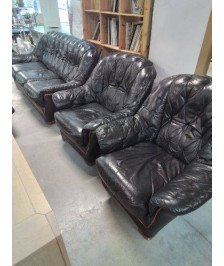 ENSEMBLE SALON 3 PIÈCES CANAPÉ + 2 FAUTEUIL BOIS CAPITONNÉ CUIR NOIR 