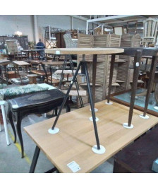 TABLE RONDE PLATEAU BOIS HAUTEUR RÉGLABLE PIED METAL NOIR