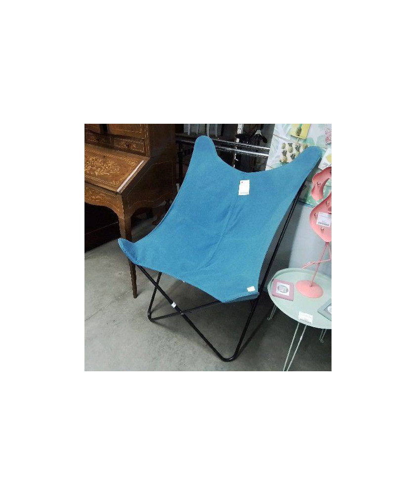 FAUTEUIL PAPILLON TISSU BLEU PIED METAL NOIR
