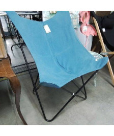 FAUTEUIL PAPILLON TISSU BLEU PIED METAL NOIR