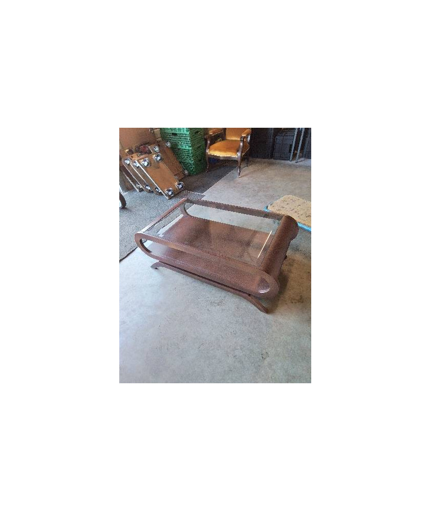 TABLE BASSE BOIS EFFET ROUILLE MAT DESSUS PLATEAU VERRE