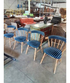 4 CHAISES SALOON BOIS CLAIR ASSISE ET DOSSIER TISSU BLEU A RAYURES 