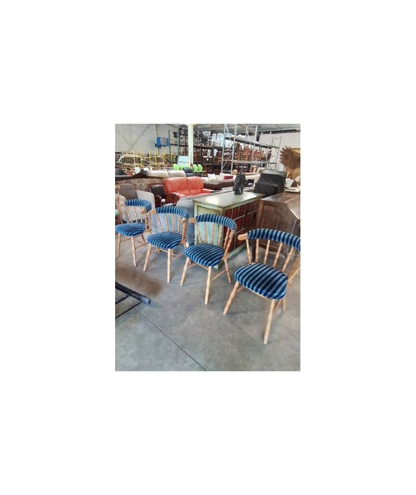 4 CHAISES SALOON BOIS CLAIR ASSISE ET DOSSIER TISSU BLEU A RAYURES 