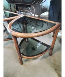 CONSOLE DEMI LUNE ROTIN 2 PLATEAUX VERRE TEINTÉ ANNÉES 60