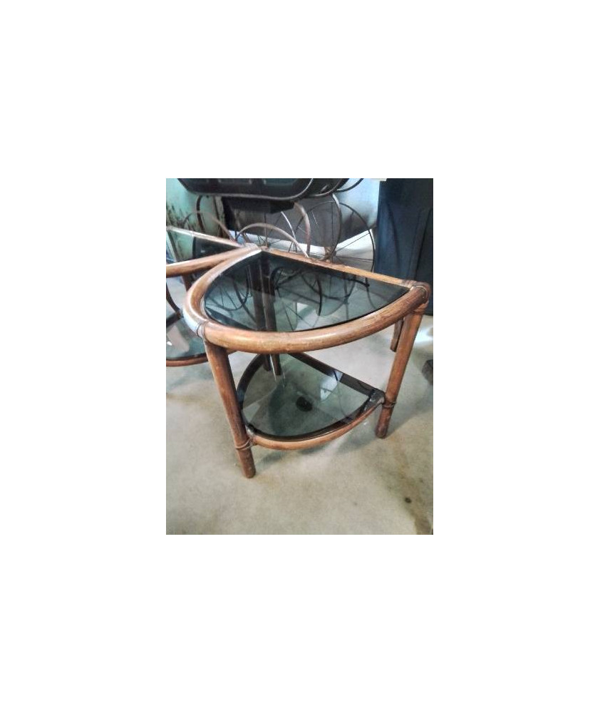 CONSOLE DEMI LUNE ROTIN 2 PLATEAUX VERRE TEINTÉ ANNÉES 60