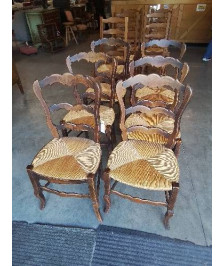 6 CHAISES BOIS PAILLÉ DOSSIER 3 BARREAUX CHANTOURNÉ STYLE RÉGENCE 