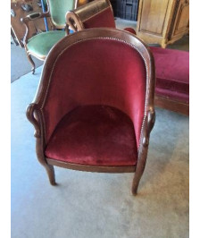 FAUTEUIL GONDOLE COL DE CYGNE ACAJOU VELOURS ROUGE XIXE