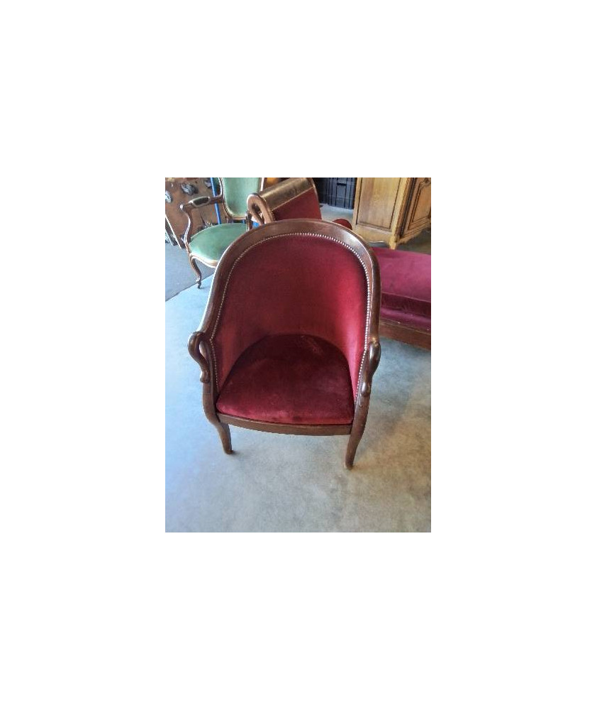FAUTEUIL GONDOLE COL DE CYGNE ACAJOU VELOURS ROUGE XIXE