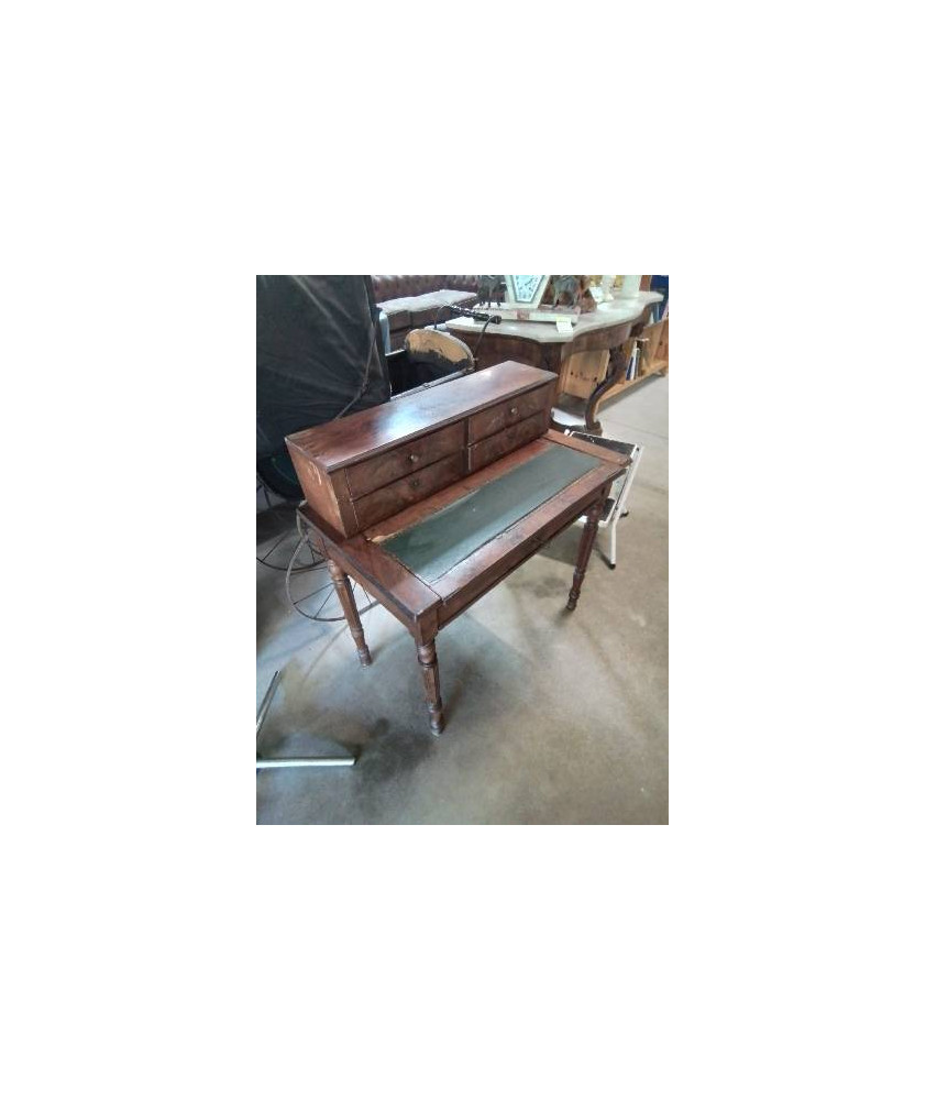 BUREAU  A GRADIN A SYSTÈME ACAJOU DESSUS CUIR VERT 5 TIROIRS LOUIS PHILIPPE EN L\'ÉTAT 