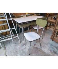 ENSEMBLE TABLE FORMICA BLANC/OLIVE + 4 CHAISES
