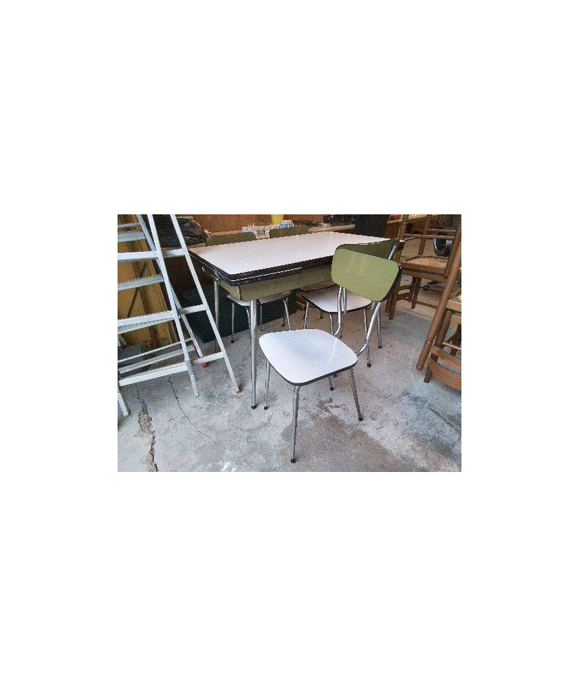 ENSEMBLE TABLE FORMICA BLANC/OLIVE + 4 CHAISES