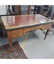 BUREAU 5 TIROIRS DESSUS CUIR + PLAQUE VERRE