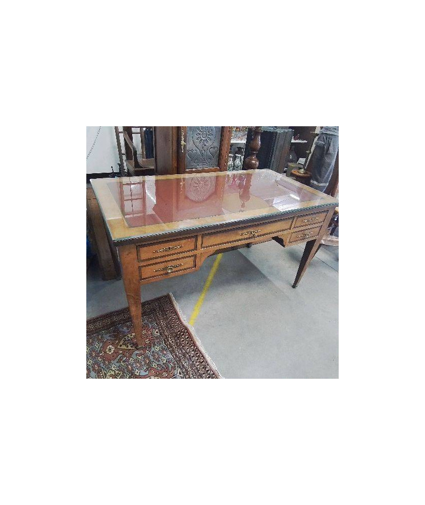 BUREAU 5 TIROIRS DESSUS CUIR + PLAQUE VERRE