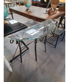 CONSOLE DEMI LUNE PIÈTEMENT MÉTAL NOIR PLATEAU VERRE