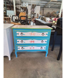 COMMODE 3 TIROIRS BOIS MEINT ECRU BLEU VERT A FLEURS STYLE RÉGENCE 