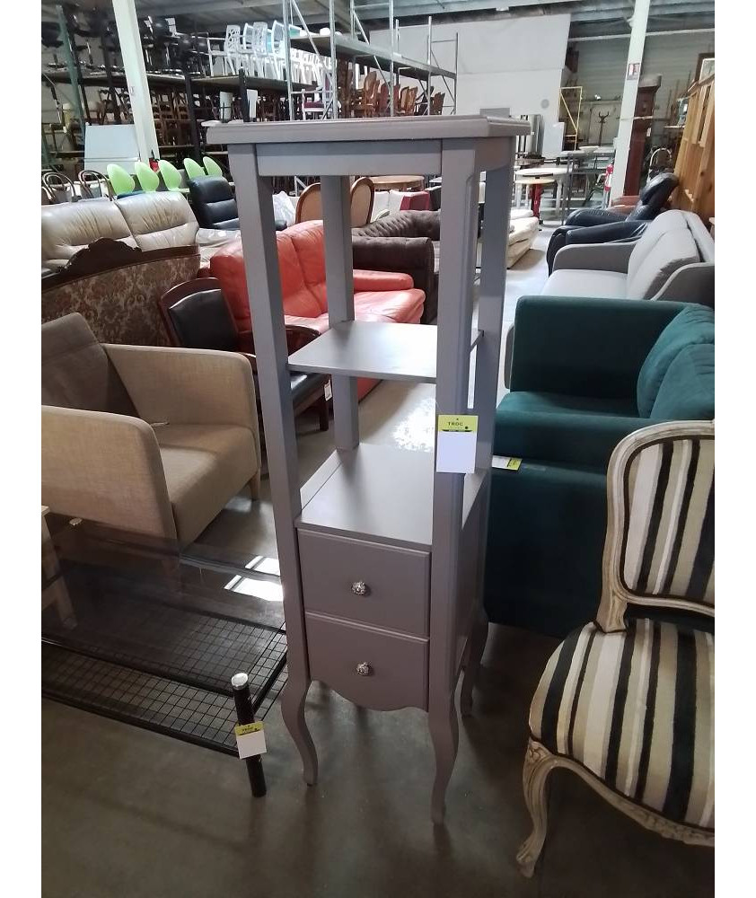 BIBLIOTHÈQUE BOIS TAUPE PIEDS GALBES 2 NICHES 2 TIROIRS 