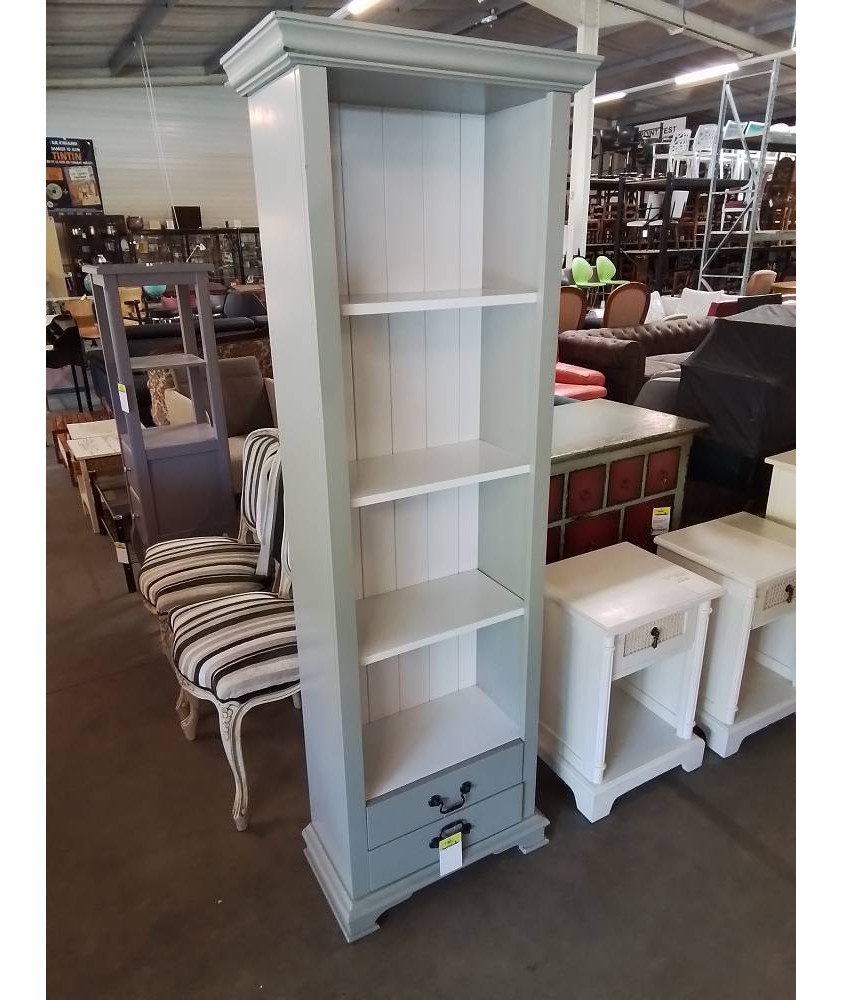 BIBLIOTHÈQUE BOIS TAUPE ET BLANC 2 TIROIRS 4 NICHES 