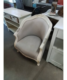 FAUTEUIL GONDOLE BOIS ECRU CAPITONNÉ TISSU TAUPE STYLE RÉGENCE 