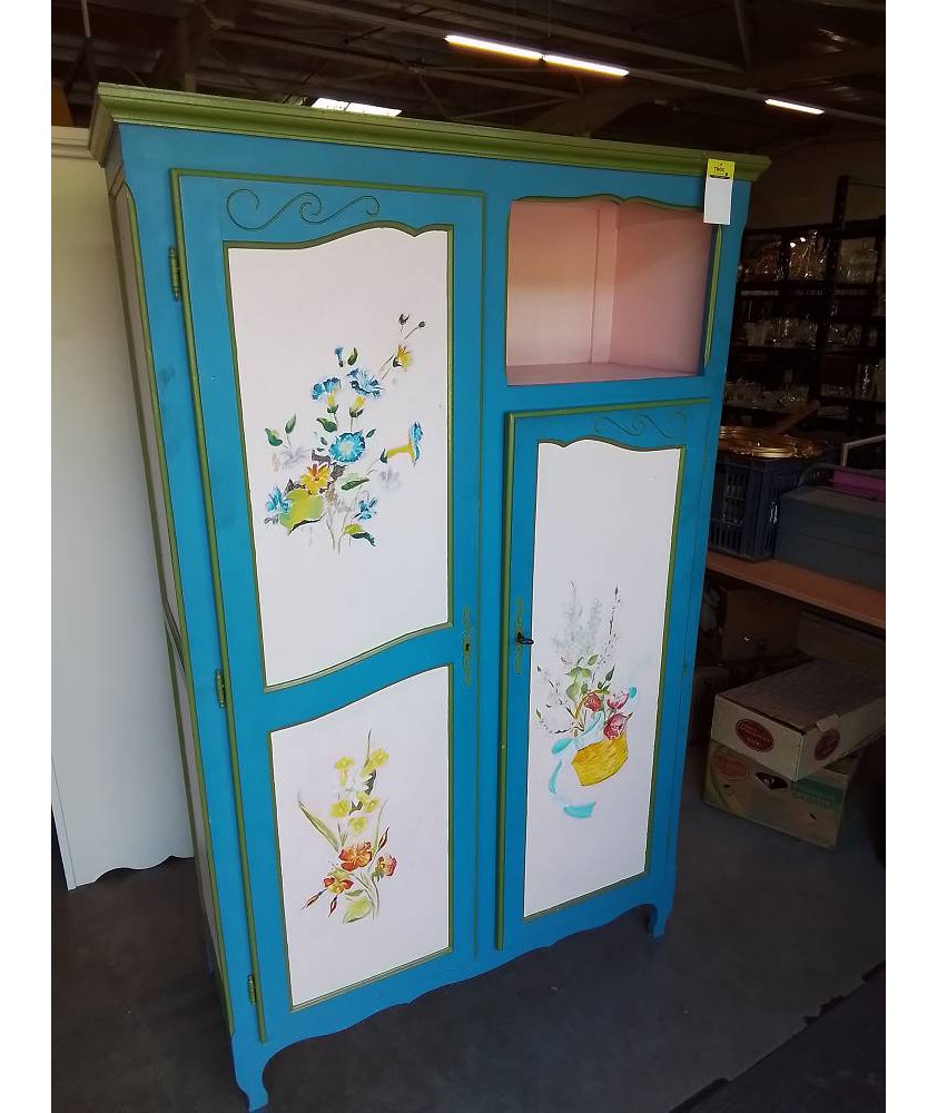 ARMOIRE LINGERE BOIS PEINT BLEU ECRU VERT A FLEURS 1 NICHE 2 PORTES STYLE RÉGENCE 