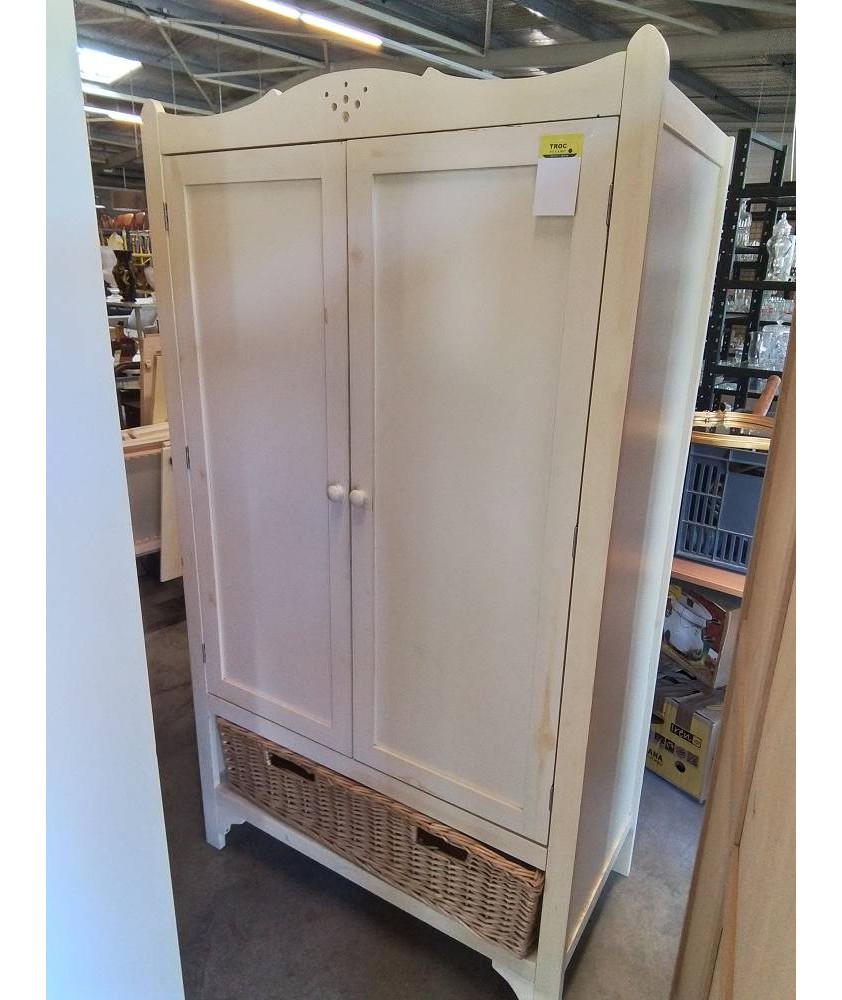 ARMOIRE PENDERIE 2 PORTES BOIS ECRU 1 TIROIR VANNERIE 