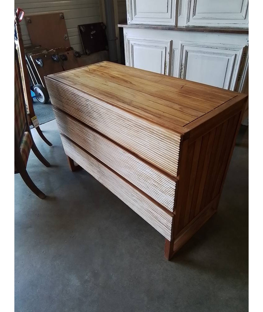 ENSEMBLE EN TECK LIT 180X200CM + 2 CHEVETS 1 TIROIR + 1 COMMODE 3 TIROIRS 
