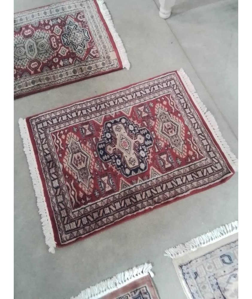 TAPIS LAINE FAIT MAIN BLEU ROUGE 90X60CM