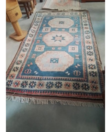 TAPIS LAINE FAIT MAIN BLEU ECRU ROSE 270X160CM