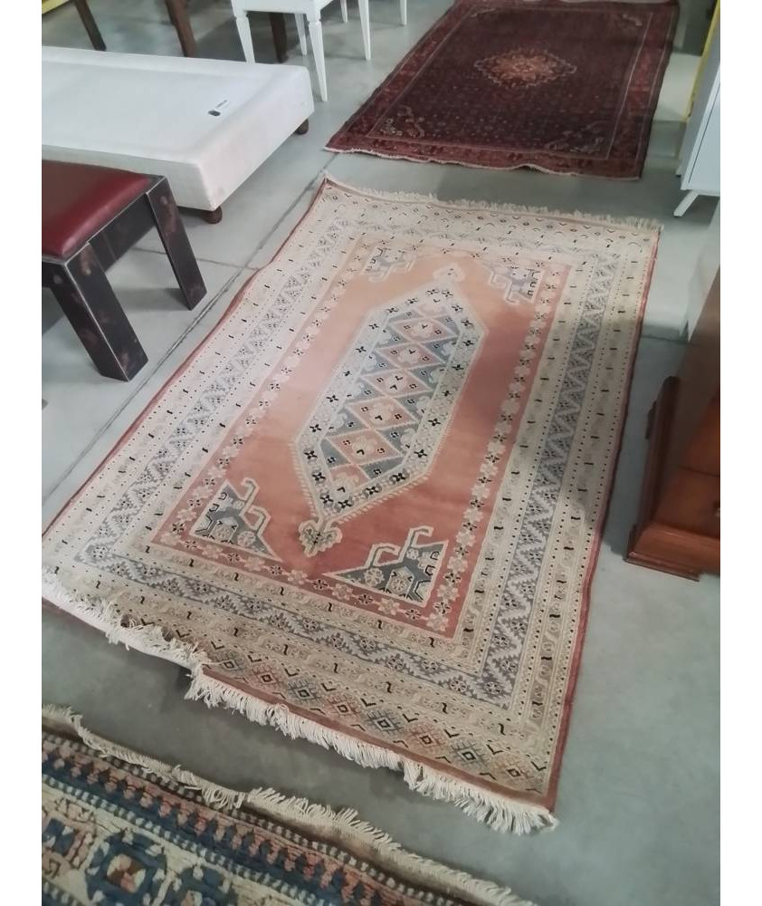 TAPIS LAINE FAIT MAIN ROSE ECRU BLEU 190X125CM