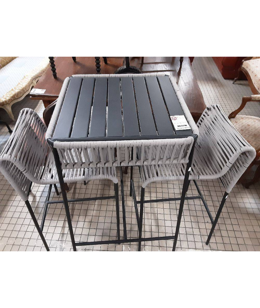 TABLE HAUTE METAL ET CORDE AVEC 2 TABOURETS