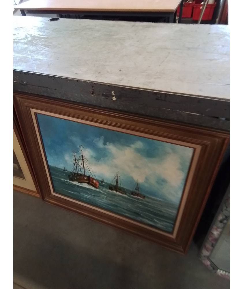 HUILE SUR TOILE CHALUTIERS RETOUR DE PÊCHE A AUDIERNE CADRE MOULURÉ 