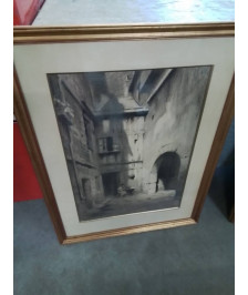 DESSIN FEMME DANS LA RUELLE CADRE DORÉ 