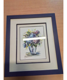 AQUARELLE BOUQUET DE FLEURS  CADRE VIOLET