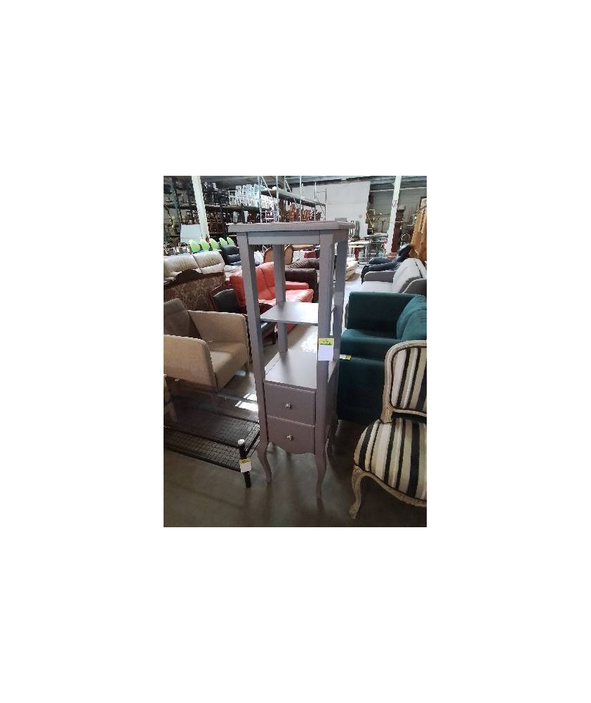 BIBLIOTHÈQUE BOIS TAUPE PIEDS GALBES 2 NICHES 2 TIROIRS 