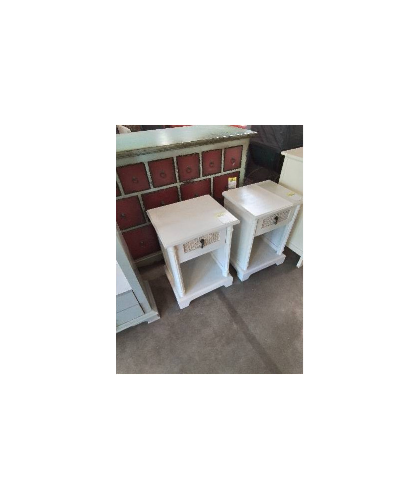 CHEVET A DEMI COLONNES BOIS ECRU 1 TIROIR CANNÉ 1 NICHE