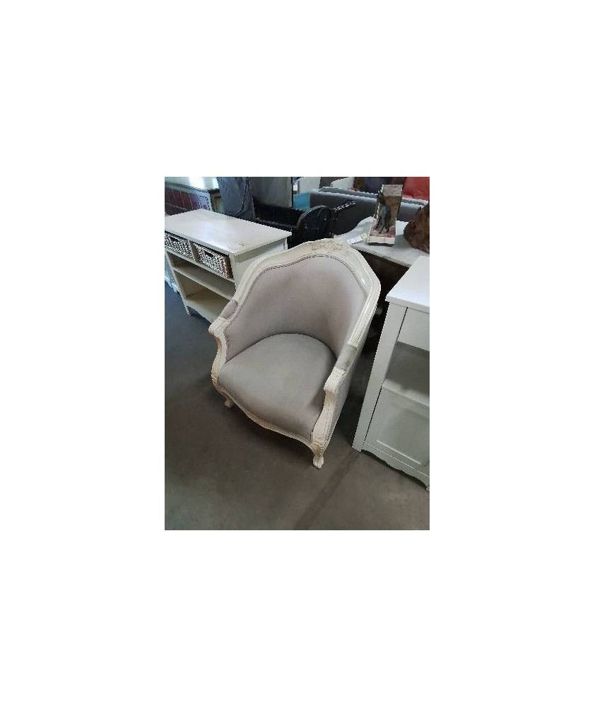 FAUTEUIL GONDOLE BOIS ECRU CAPITONNÉ TISSU TAUPE STYLE RÉGENCE 