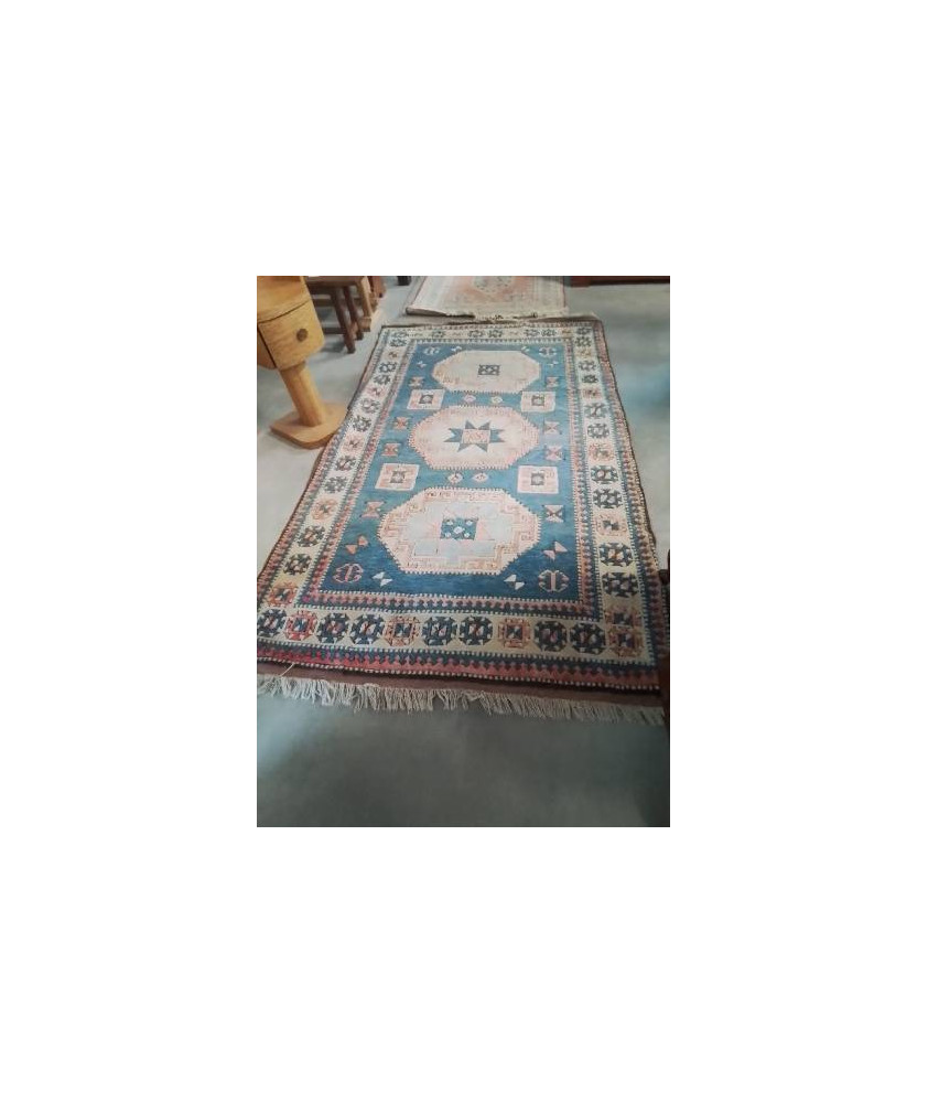 TAPIS LAINE FAIT MAIN BLEU ECRU ROSE 270X160CM