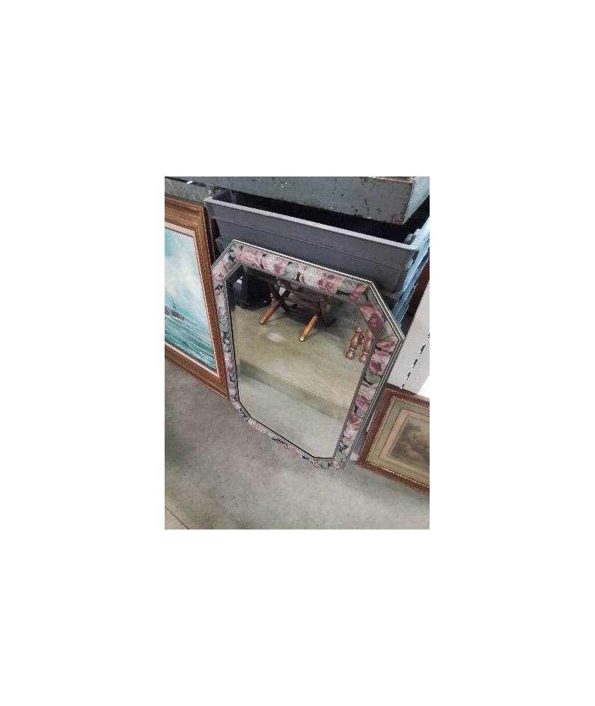 MIROIR OCTOGONAL BOIS PEINT AUX FLEURS 