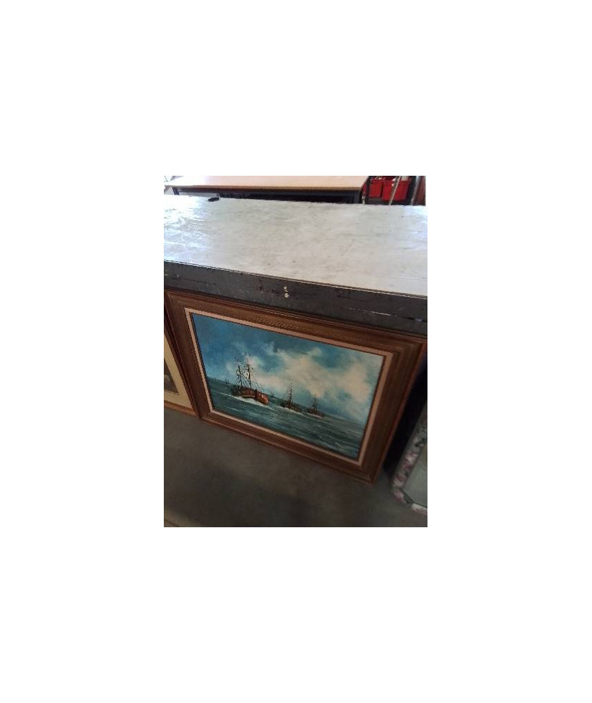 HUILE SUR TOILE CHALUTIERS RETOUR DE PÊCHE A AUDIERNE CADRE MOULURÉ 