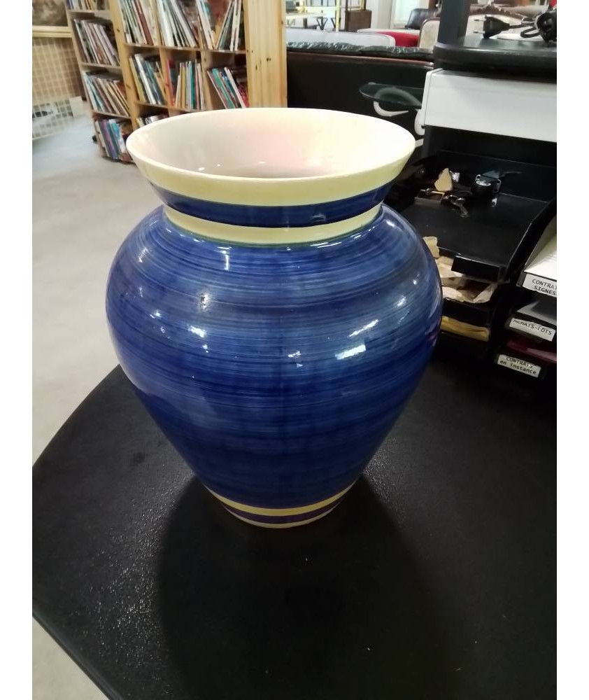 VASE CÉRAMIQUE BLEU LISERÉ JAUNE 