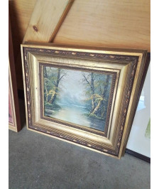 TABLEAU LAC ET FORÊT CADRE DORÉ MOULURÉ 