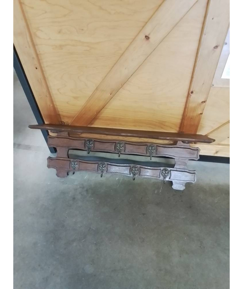 ÉTAGÈRE MURAL BOIS MOULURÉ CHANTOURNÉ 7 PATÈRES  DÉBUT XXE