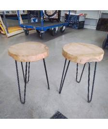 TABOURET BOIS EXOTIQUE MASSIF STYLE INDUSTRIEL PIEDS METAL NOIR 