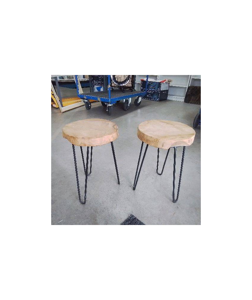 TABOURET BOIS EXOTIQUE MASSIF STYLE INDUSTRIEL PIEDS METAL NOIR 