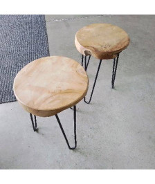 TABOURET BOIS EXOTIQUE MASSIF STYLE INDUSTRIEL PIEDS METAL NOIR 